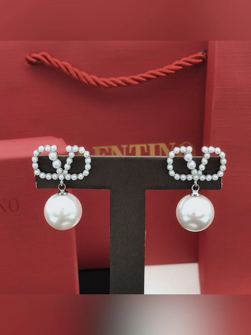 Valentino Silver Bow Pearl Drop Earrings